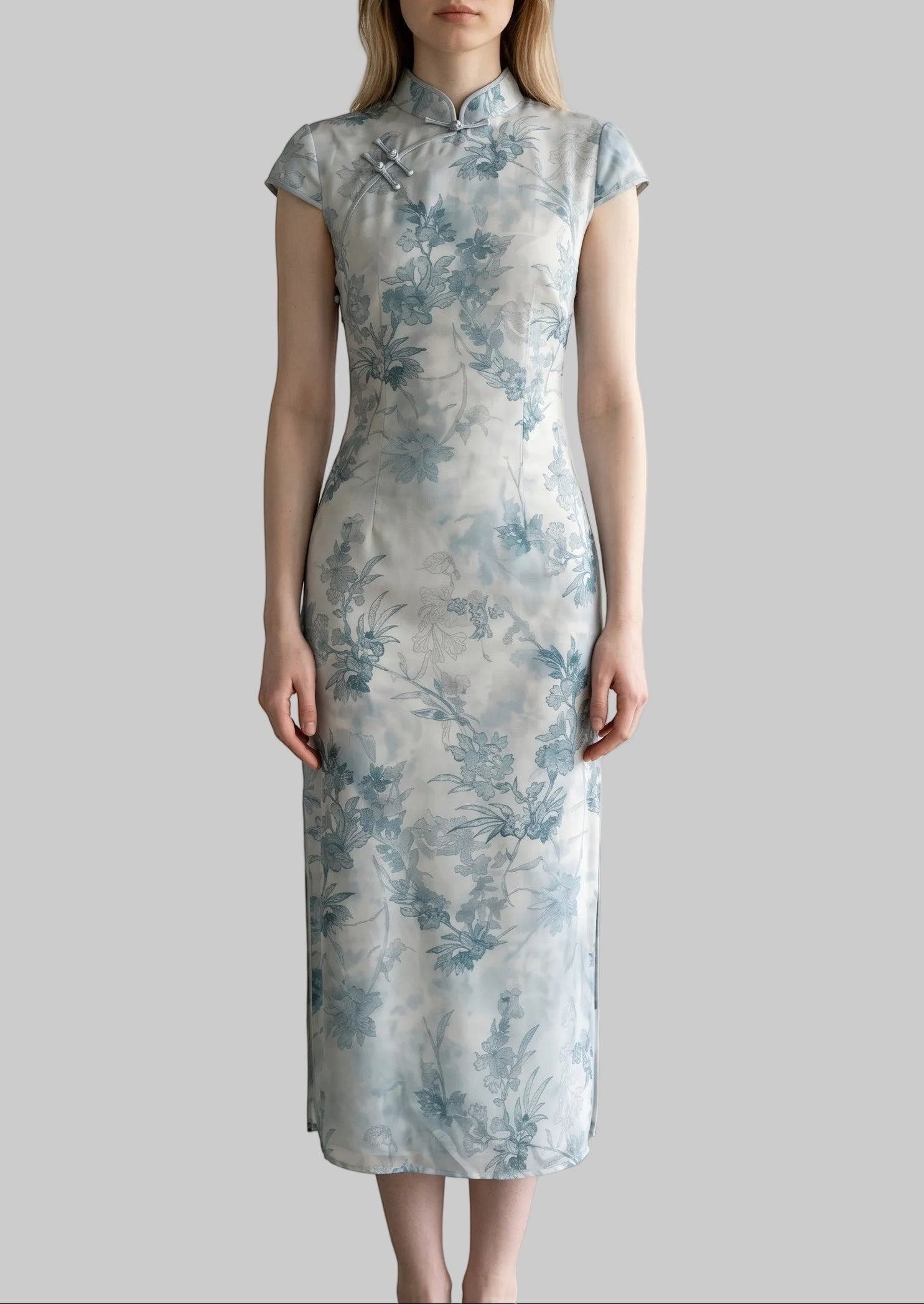 Porcelain Blue Cap Sleeve Cheongsam Dress