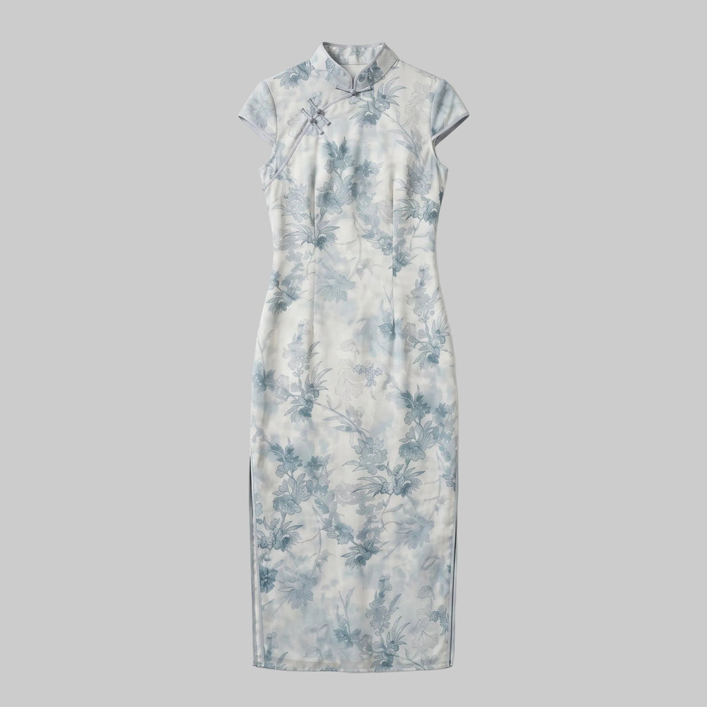 Porcelain Blue Cap Sleeve Cheongsam Dress