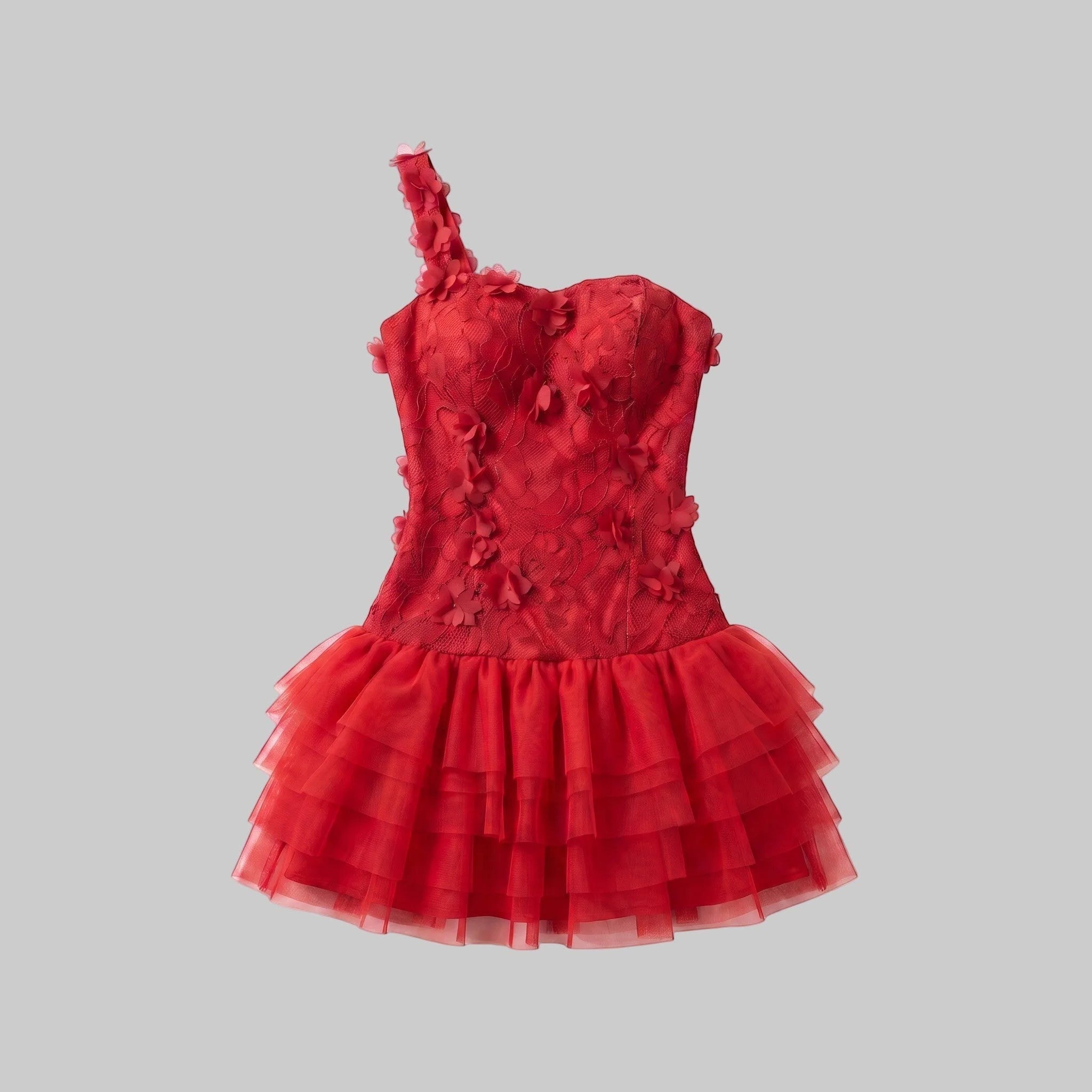 A red one-shoulder mini dress featuring a textured, floral-embroidered corset bodice and a layered tulle ruffled skirt, shown flat on a white background.