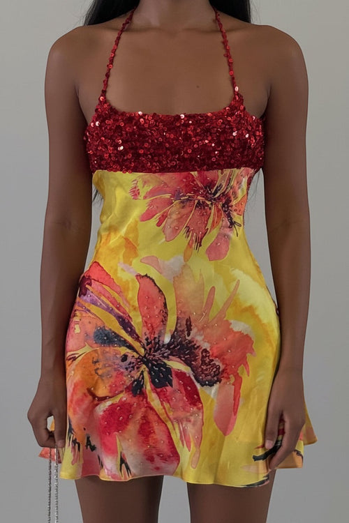 Aesthetic Red Shimmer Patchwork Cami Dress