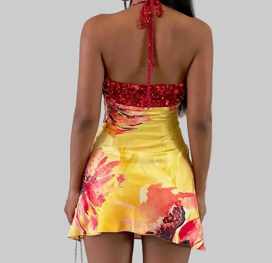Aesthetic Red Shimmer Patchwork Cami Dress