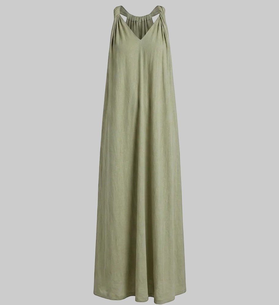 LUNRIA Sage Green Halter Backless Maxi Dress with tie-dye scarf tie. Perfect for resort wear.