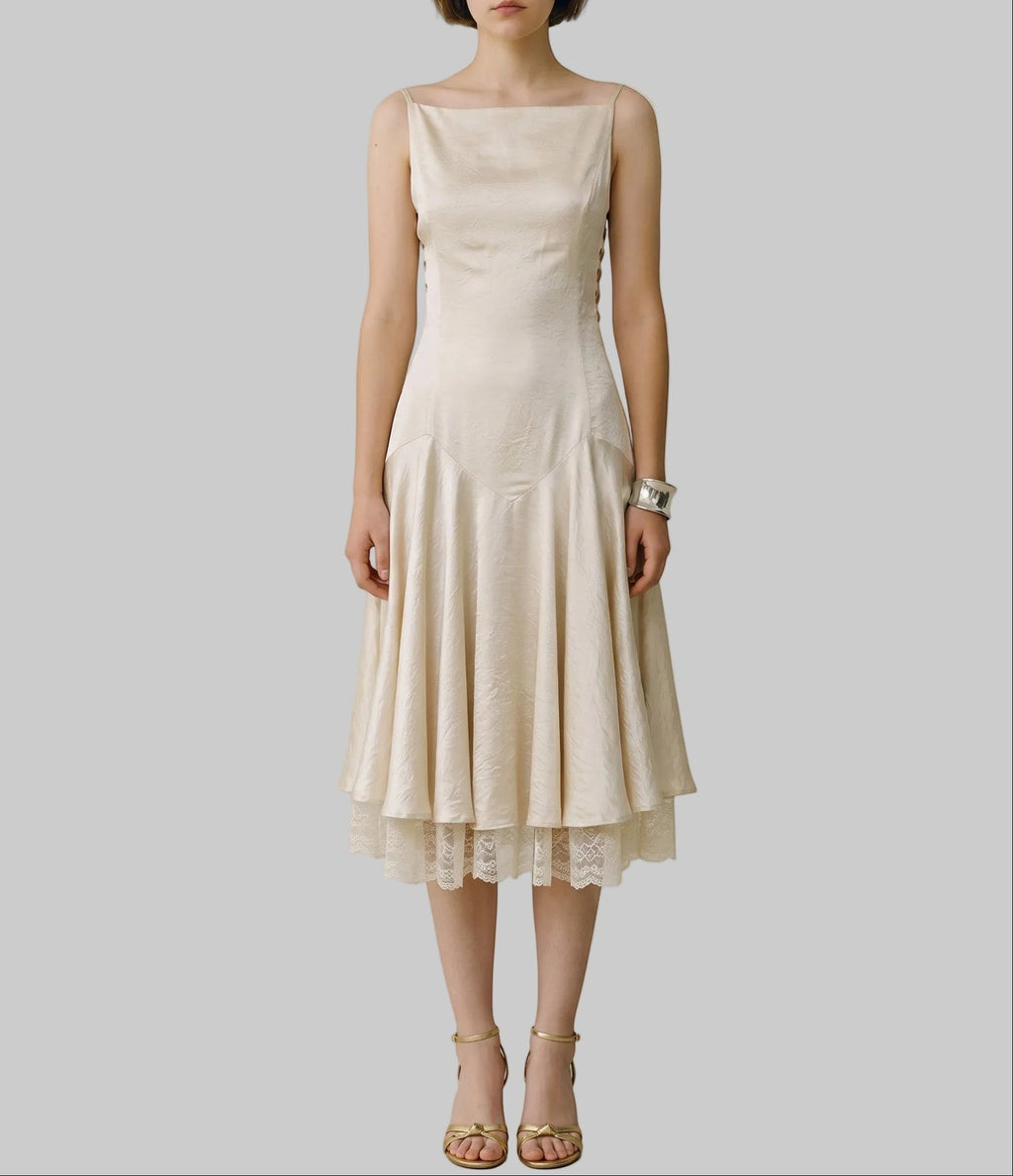 Corset Backless Satin Midi Dress with Layered Lace