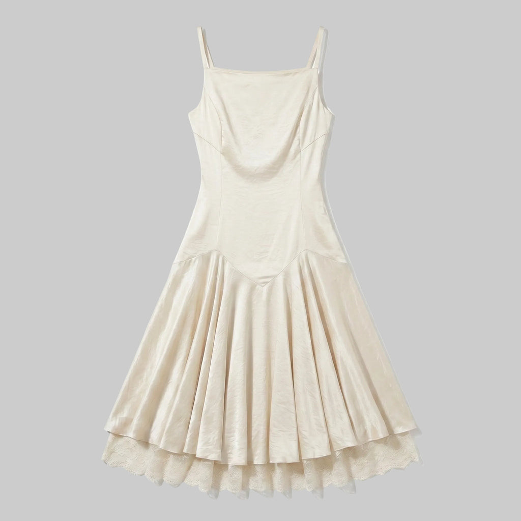 Corset Backless Satin Midi Dress with Layered Lace