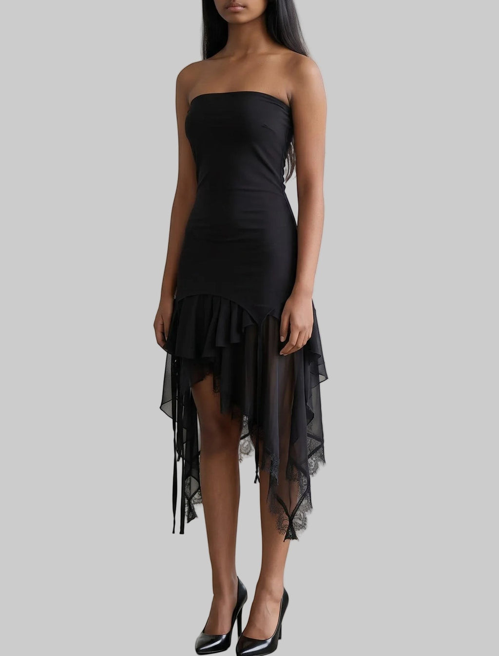 Strapless Asymmetric Mesh Ruffle Dress