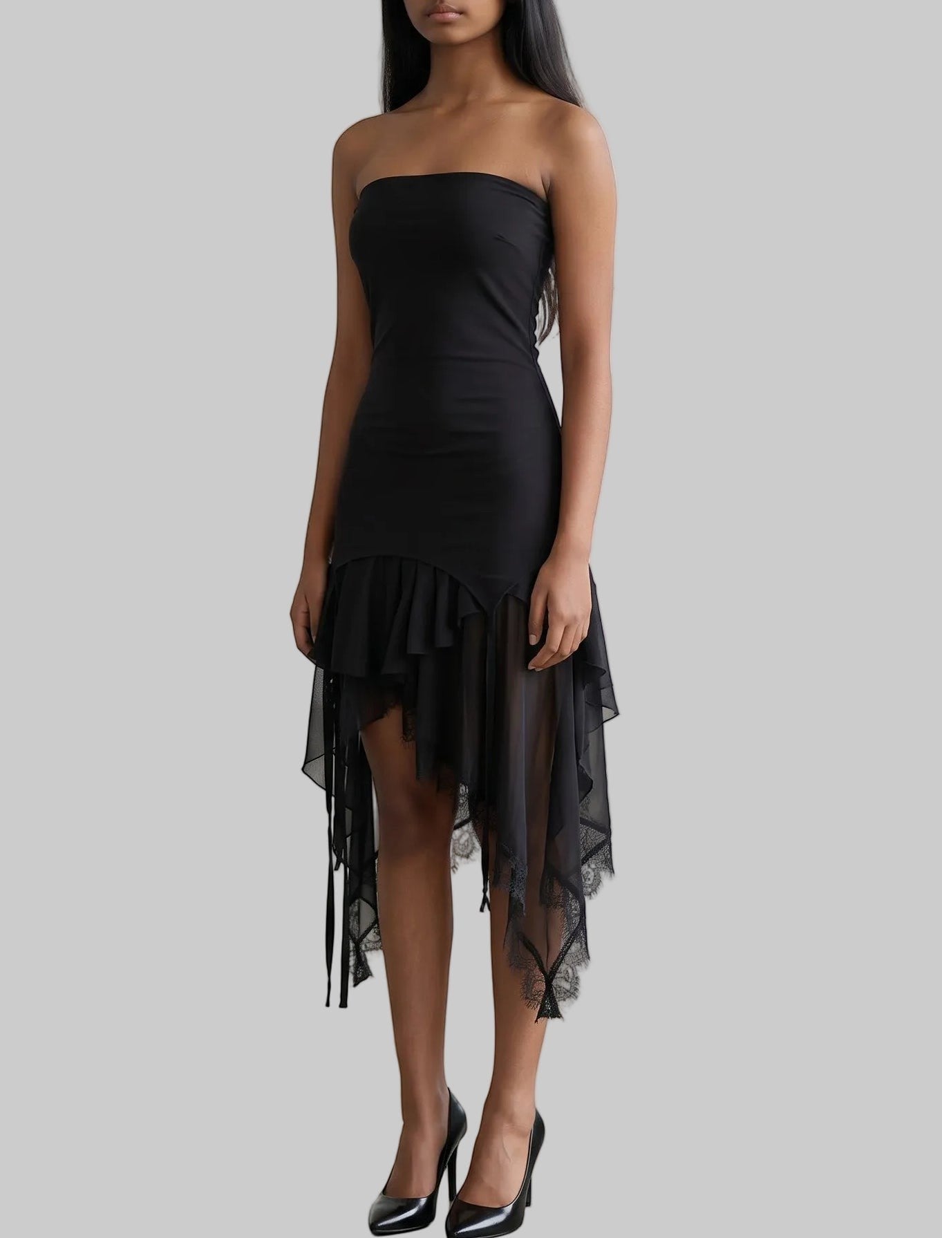 Strapless Asymmetric Mesh Ruffle Dress