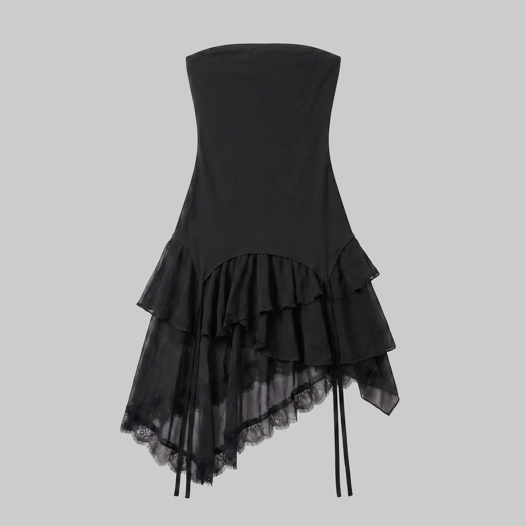 Strapless Asymmetric Mesh Ruffle Dress
