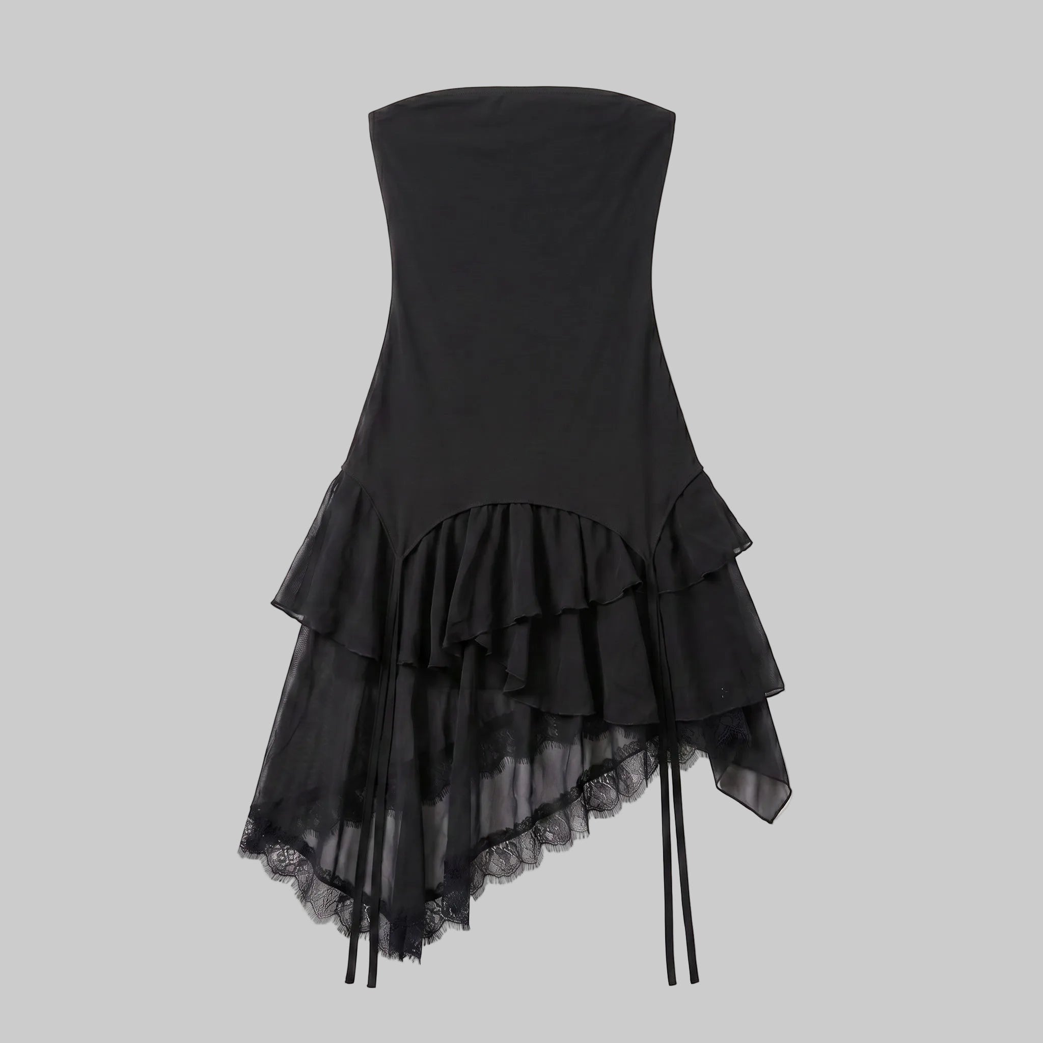 Strapless Asymmetric Mesh Ruffle Dress