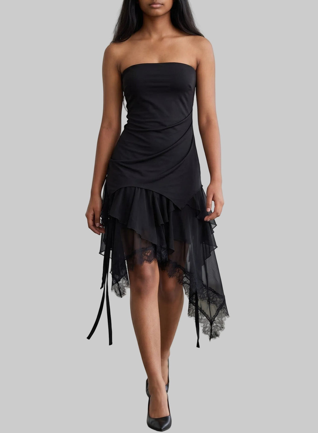 Strapless Asymmetric Mesh Ruffle Dress