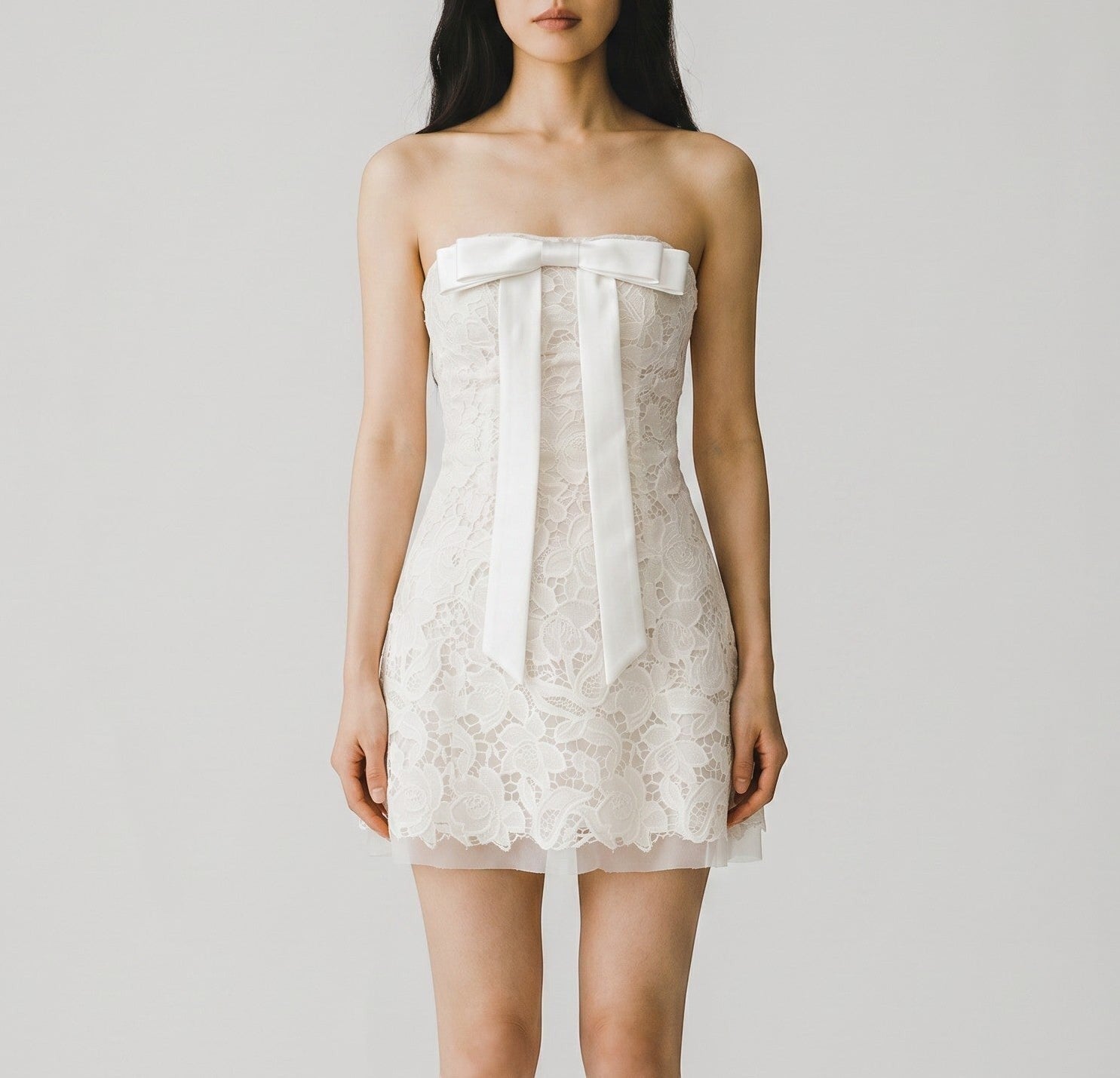 Strapless Floral Lace Mini Dress with Statement Bow