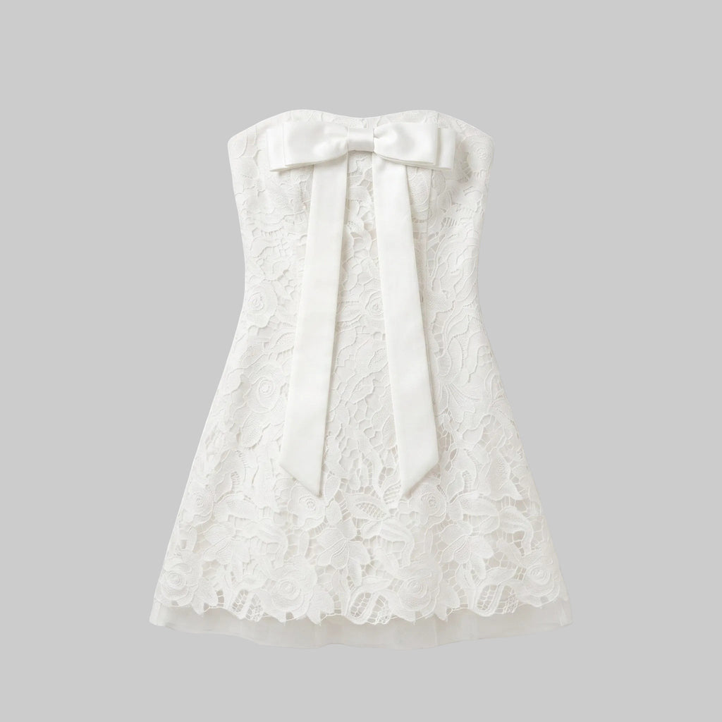 Strapless Floral Lace Mini Dress with Statement Bow