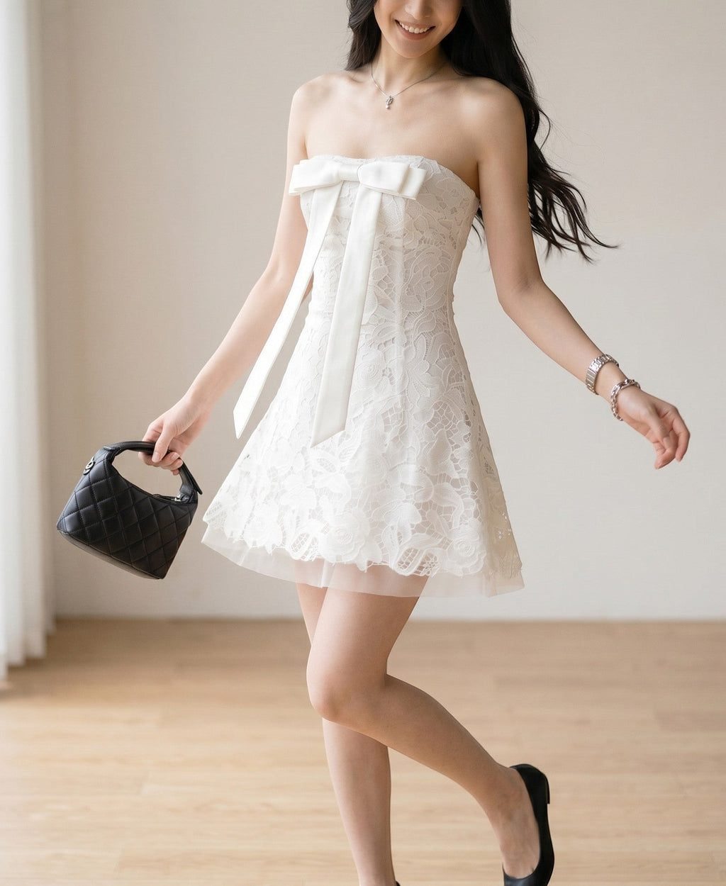 Strapless Floral Lace Mini Dress with Statement Bow