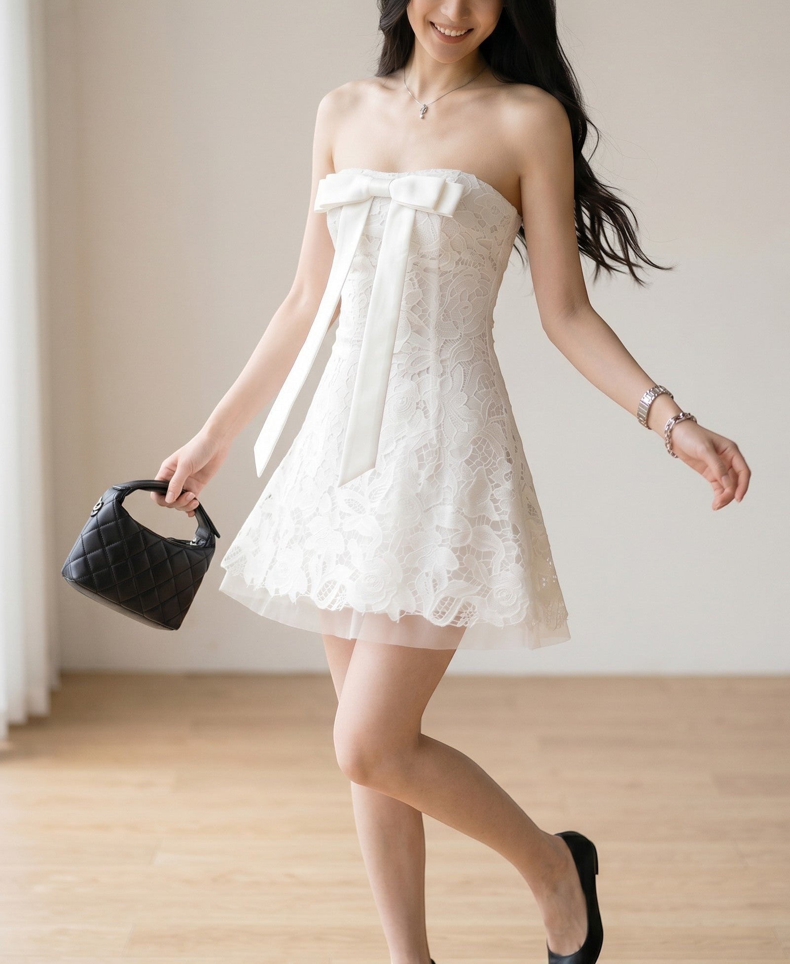 Strapless Floral Lace Mini Dress with Statement Bow