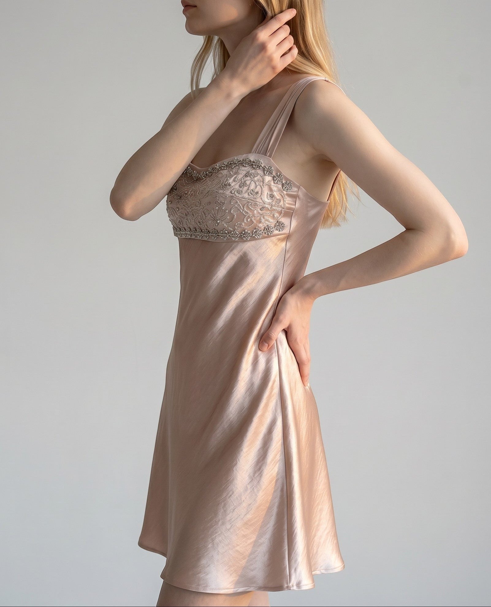 Vintage Beaded Satin Slip Dress with Sequined Bust