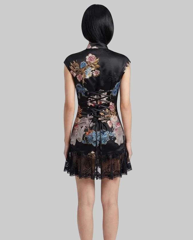 Vintage Oriental Floral Print Mini Dress