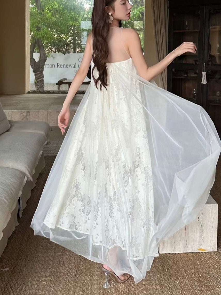 Romantic White Floral Lace Cami Maxi Dress
