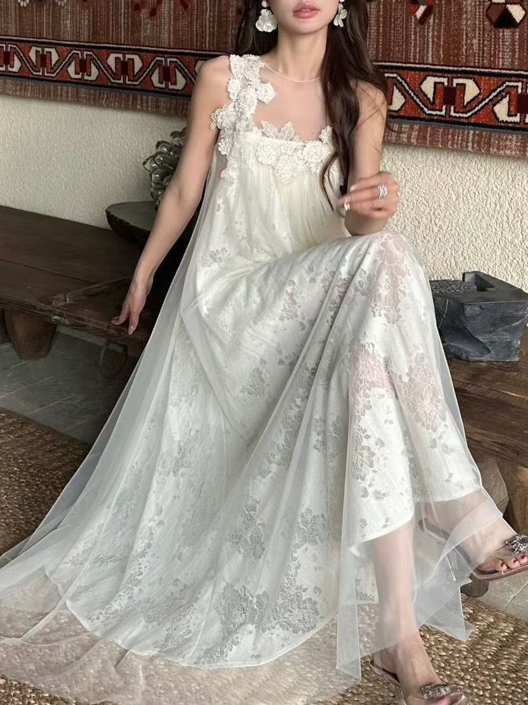 Romantic White Floral Lace Cami Maxi Dress