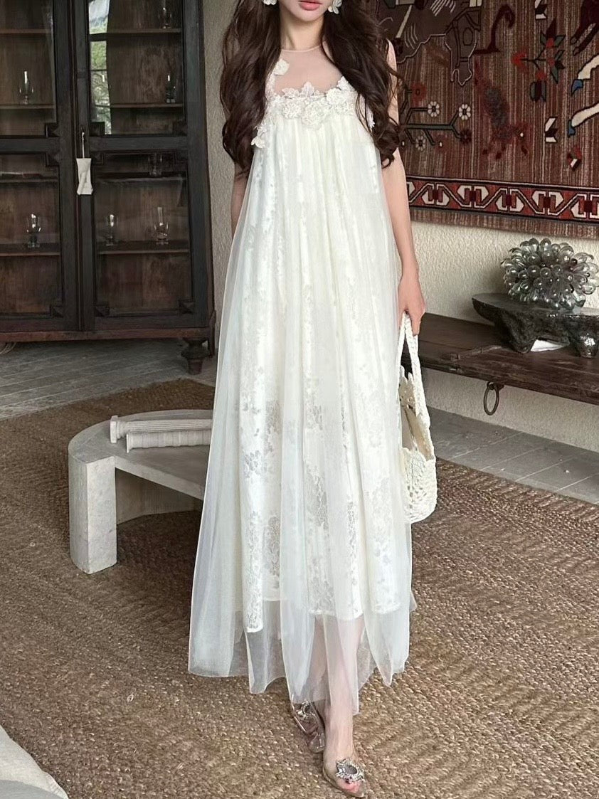 Romantic White Floral Lace Cami Maxi Dress
