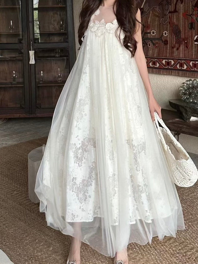 Romantic White Floral Lace Cami Maxi Dress