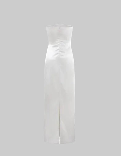 LUNRIA white strapless satin maxi dress featuring a pearl-embellished bodice and an elegant matching sheer cape.