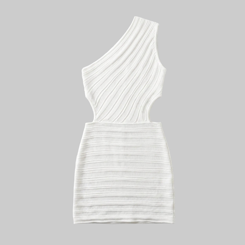 LUNRIA white ribbed knit mini dress featuring a one-shoulder neckline, side waist cutout, fitted silhouette, and asymmetric hem.