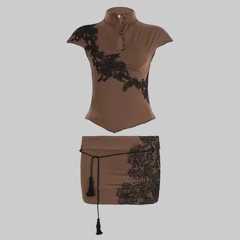Y2K Grunge Brown Lace 2-Piece Set