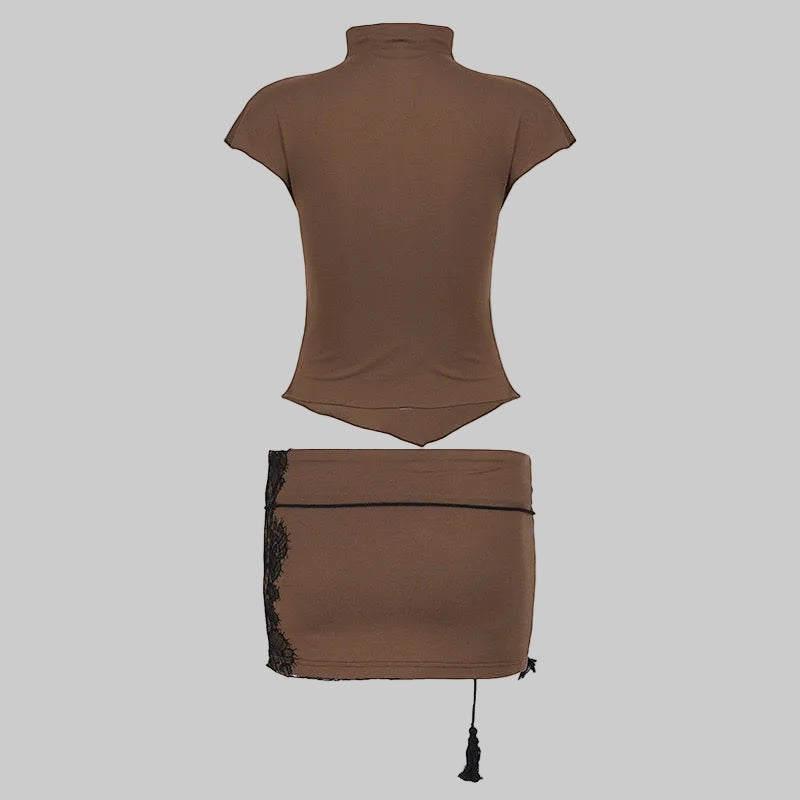 Y2K Grunge Brown Lace 2-Piece Set
