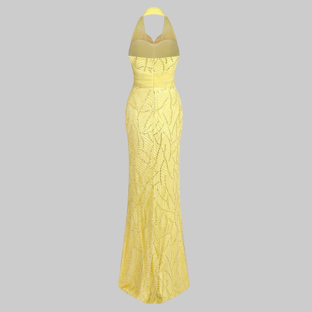 LUNRIA 黄色亮片露背吊颈美人鱼礼服，胸前有夸张的蝴蝶结设计。