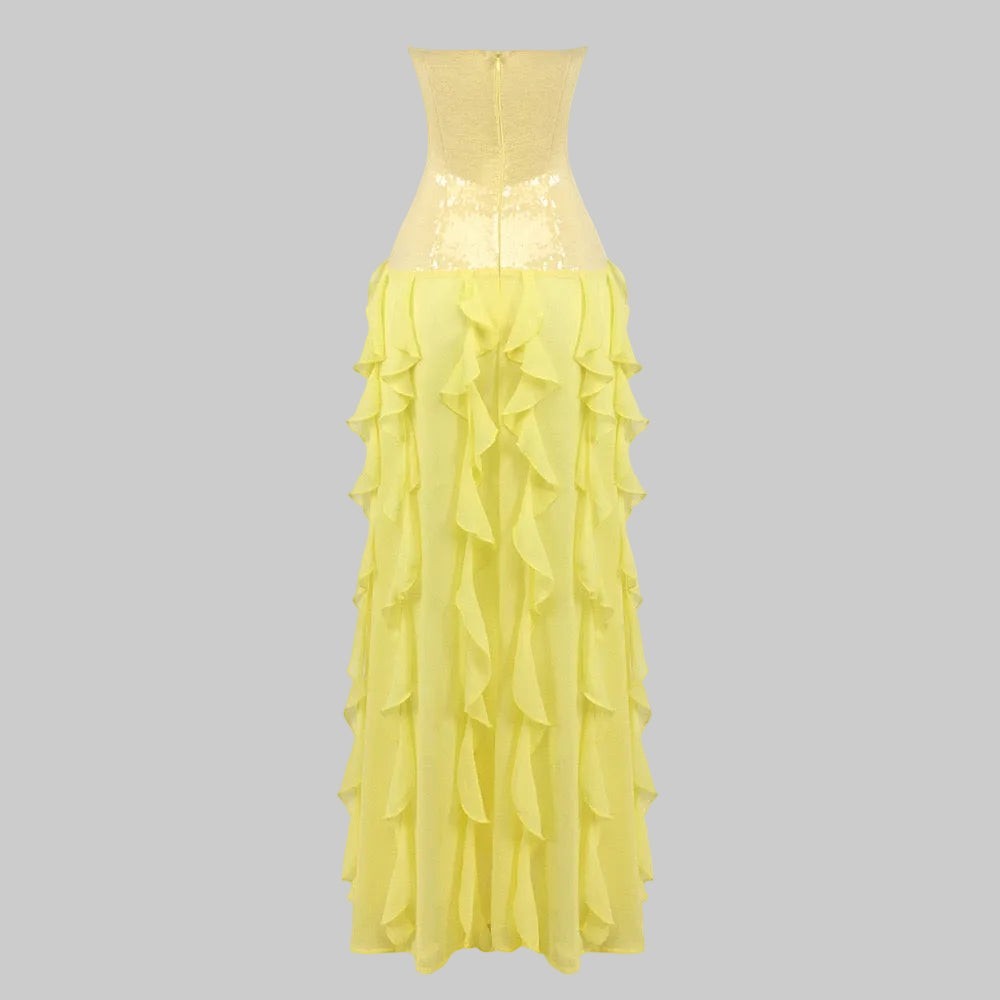 LUNRIA yellow strapless maxi dress featuring a sequin corset bodice and layered ruffle skirt with a floor-length silhouette.