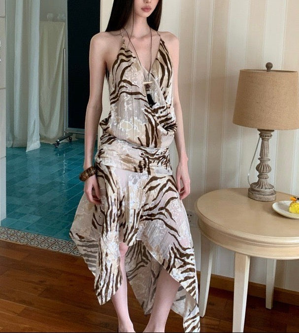 Ethereal Zebra Draped Satin Halter Maxi Dress