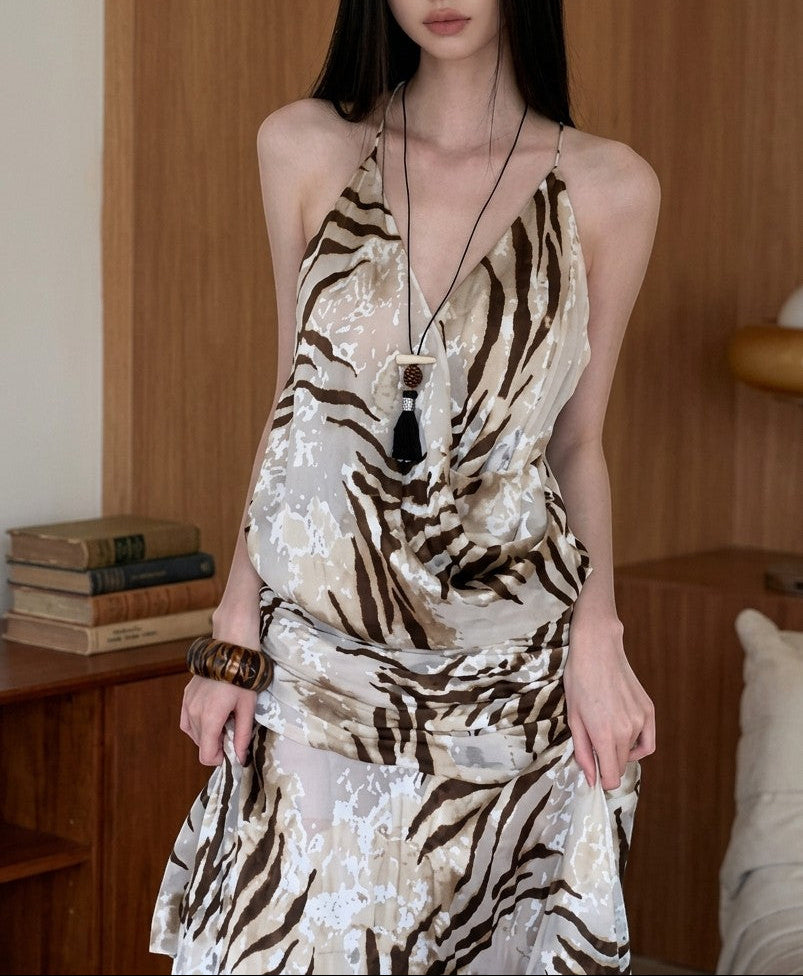 Ethereal Zebra Draped Satin Halter Maxi Dress