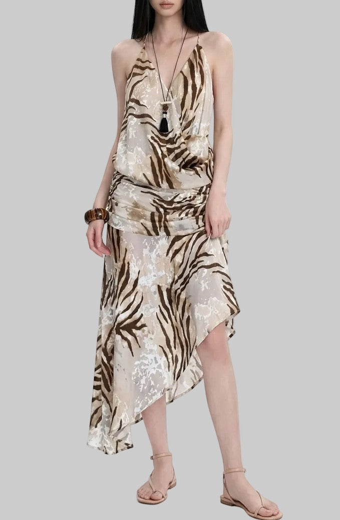 Ethereal Zebra Draped Satin Halter Maxi Dress