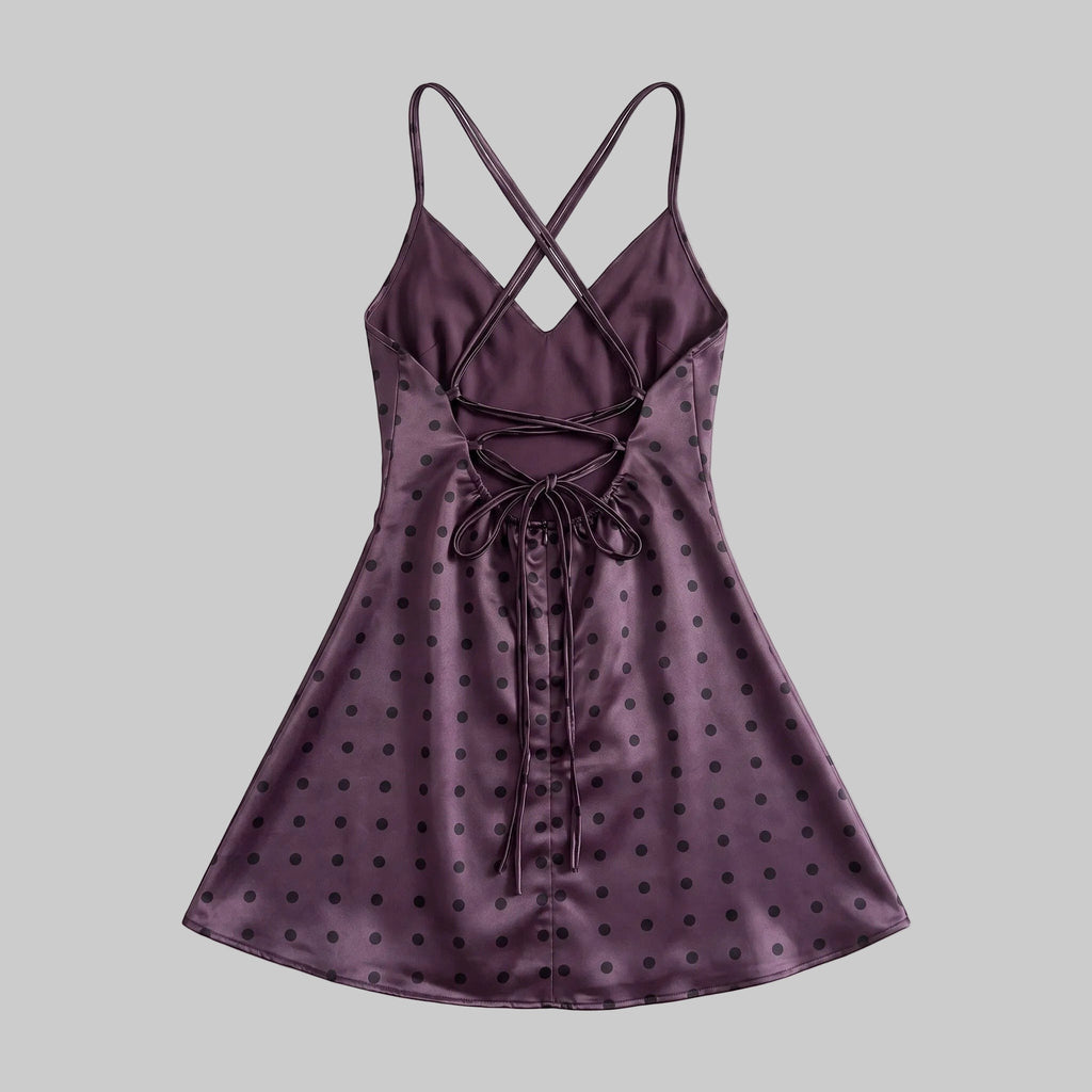 Vintage Polka Dot Satin Lace-Up Slip Dress