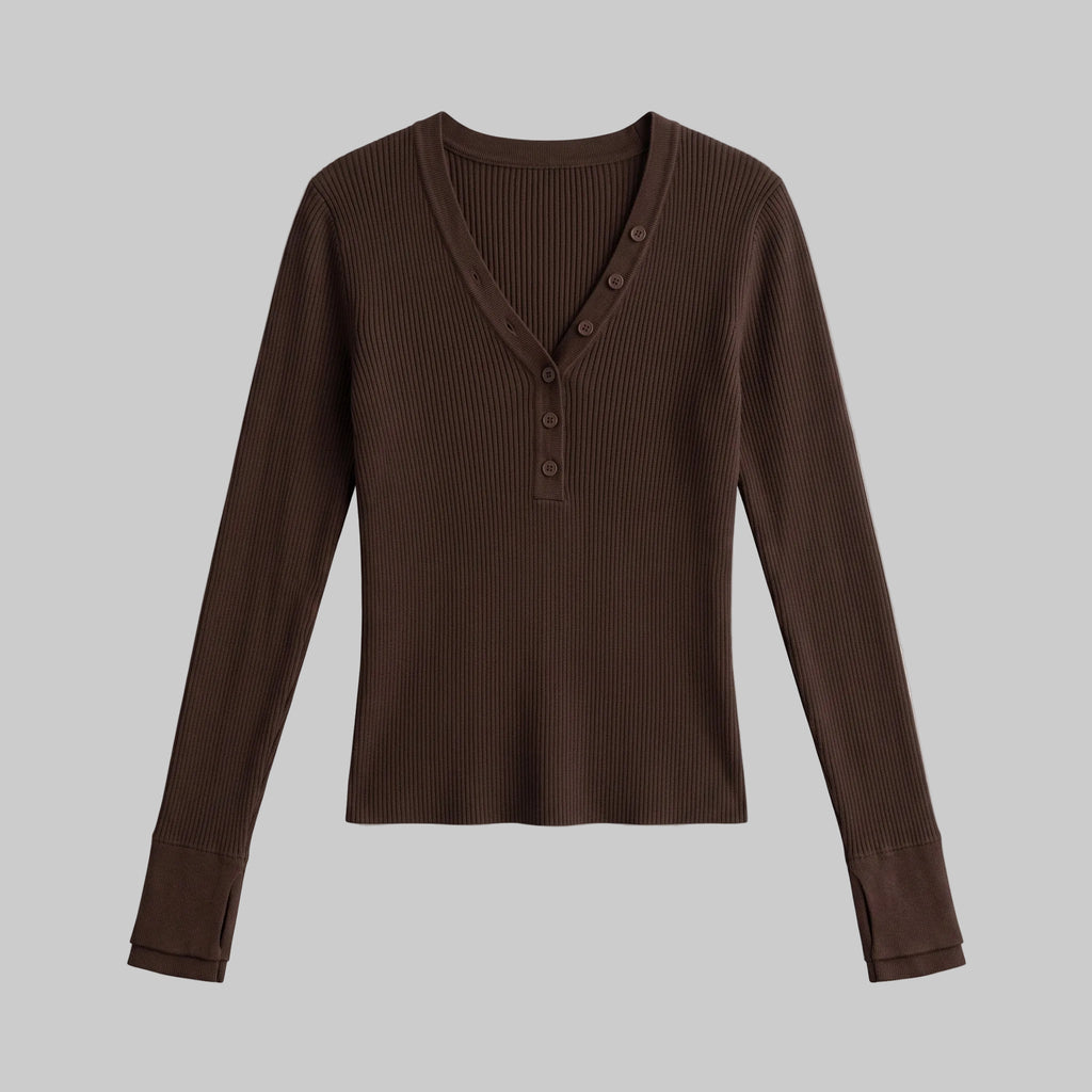 Model wearing the Sienna chocolate brown asymmetric button knit top