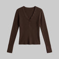 Model wearing the Sienna chocolate brown asymmetric button knit top